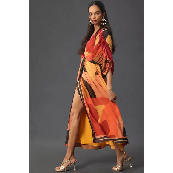 Anthropologie Farm Rio Short-Sleeve Wrap-Front Maxi Dress Size L Red #MA416 - Picture 4 of 11